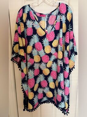 SIMPLY SOUTHERN Navy Pineapple Print Pom-Pom cover-up Tunic